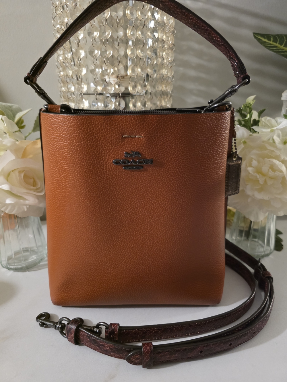 Coach Pebbled Leather Bucket Bag in Saddle Brown with Dark Brown Strap